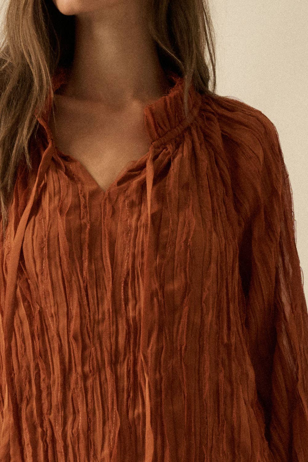 Ruffle-Trim Chiffon Peasant-Sleeve Mini Dress