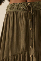 Striped Lace-Trim Tiered Button-Front Maxi Skirt