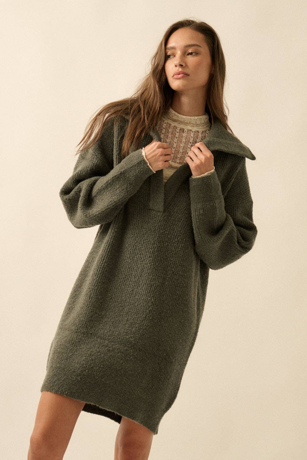 Rib-Knit Mini Sweater Dress with Oversize Collar