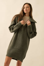 Rib-Knit Mini Sweater Dress with Oversize Collar