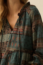 Patchwork-Print Tiered Ruffle Midi Prairie Dress