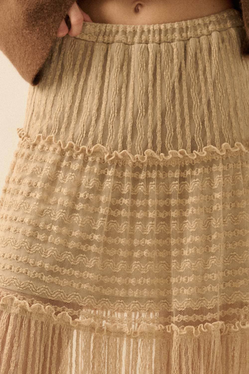 Striped Lace Tiered Ruffle Maxi Skirt