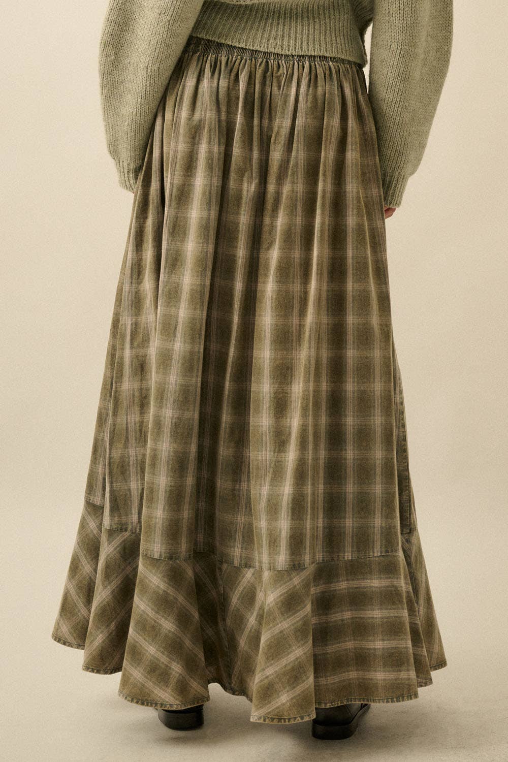 Plaid Flannel Button-Front Drawstring Maxi Skirt