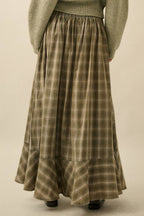 Plaid Flannel Button-Front Drawstring Maxi Skirt