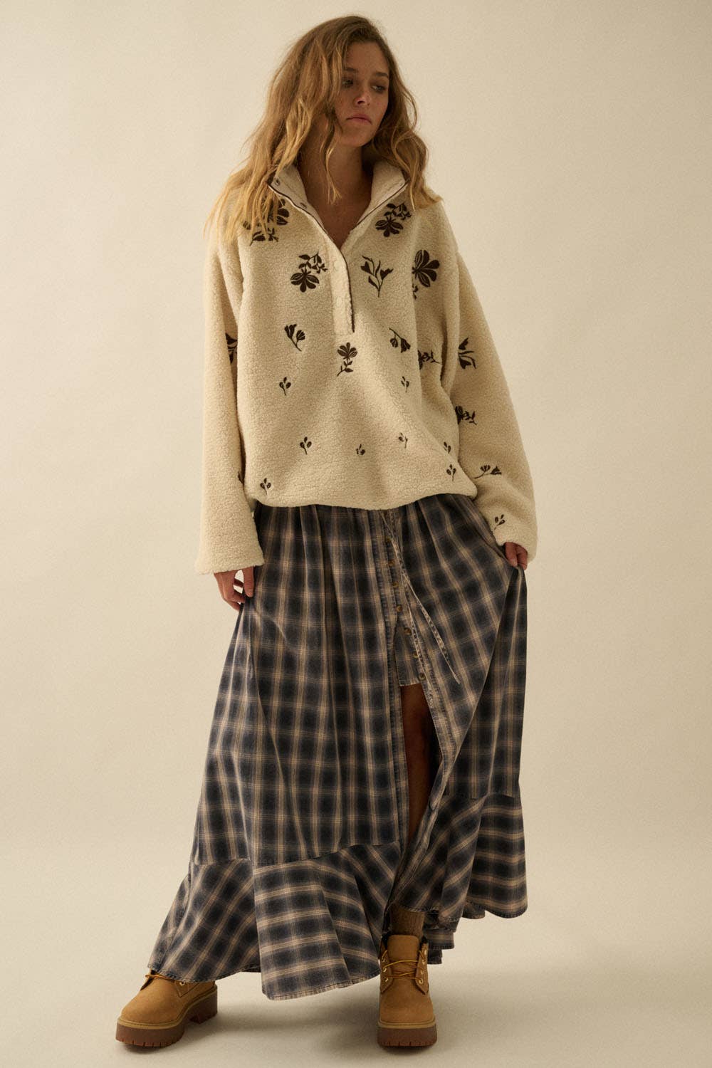 Plaid Flannel Button-Front Drawstring Maxi Skirt