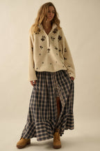 Plaid Flannel Button-Front Drawstring Maxi Skirt