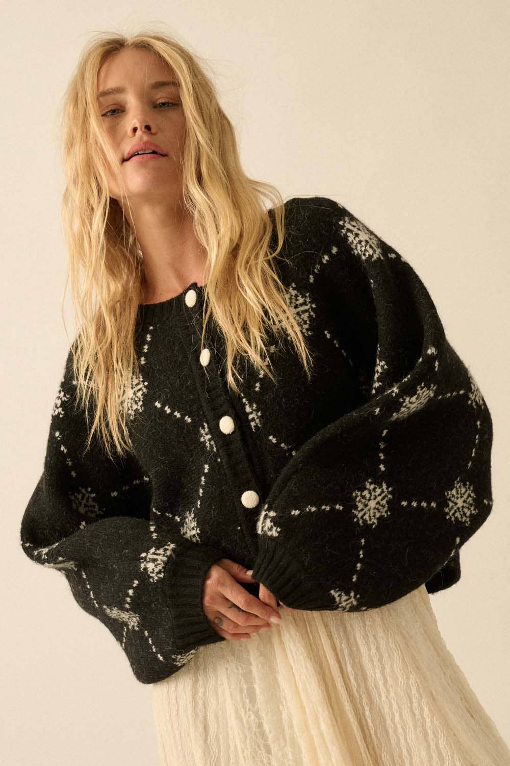 Snowflake Jacquard-Knit Button-Up Dolman Cardigan