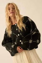 Snowflake Jacquard-Knit Button-Up Dolman Cardigan