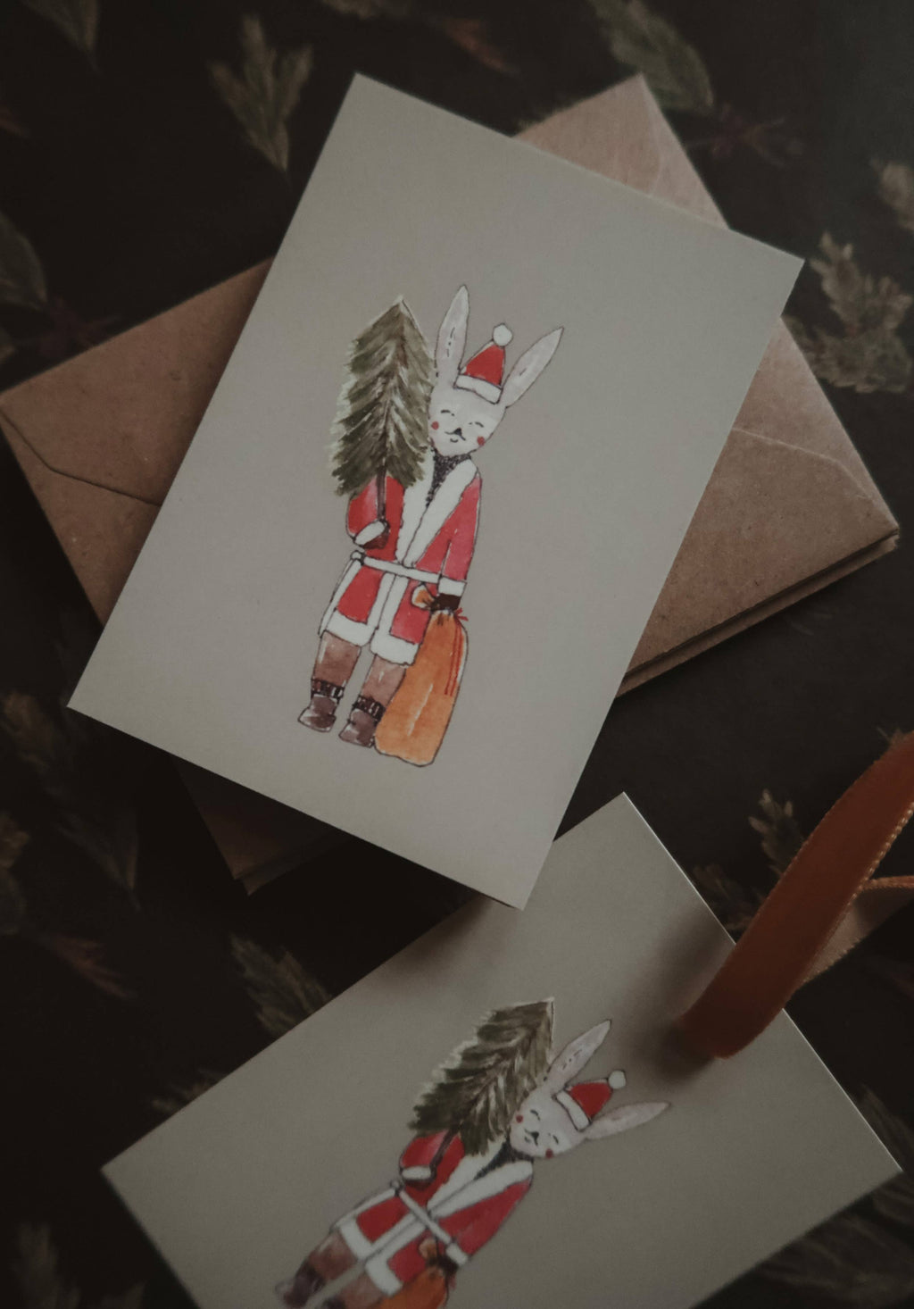 Winter bunny with a tree Small Flat Card