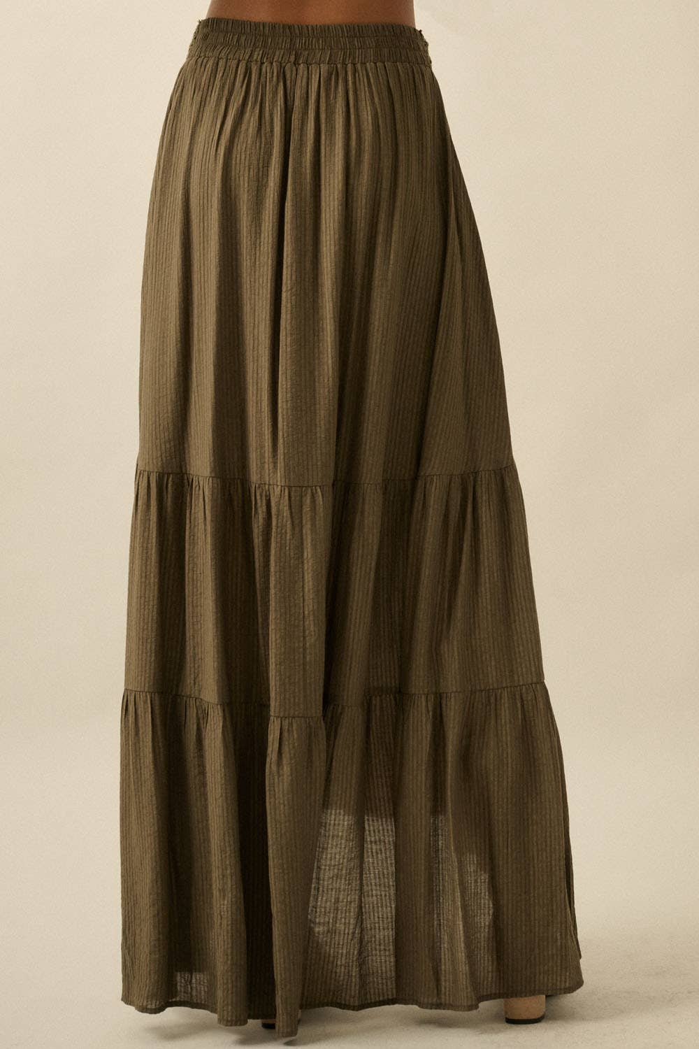Striped Lace-Trim Tiered Button-Front Maxi Skirt