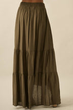 Striped Lace-Trim Tiered Button-Front Maxi Skirt
