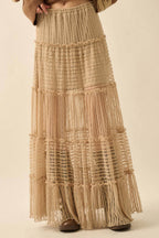 Striped Lace Tiered Ruffle Maxi Skirt