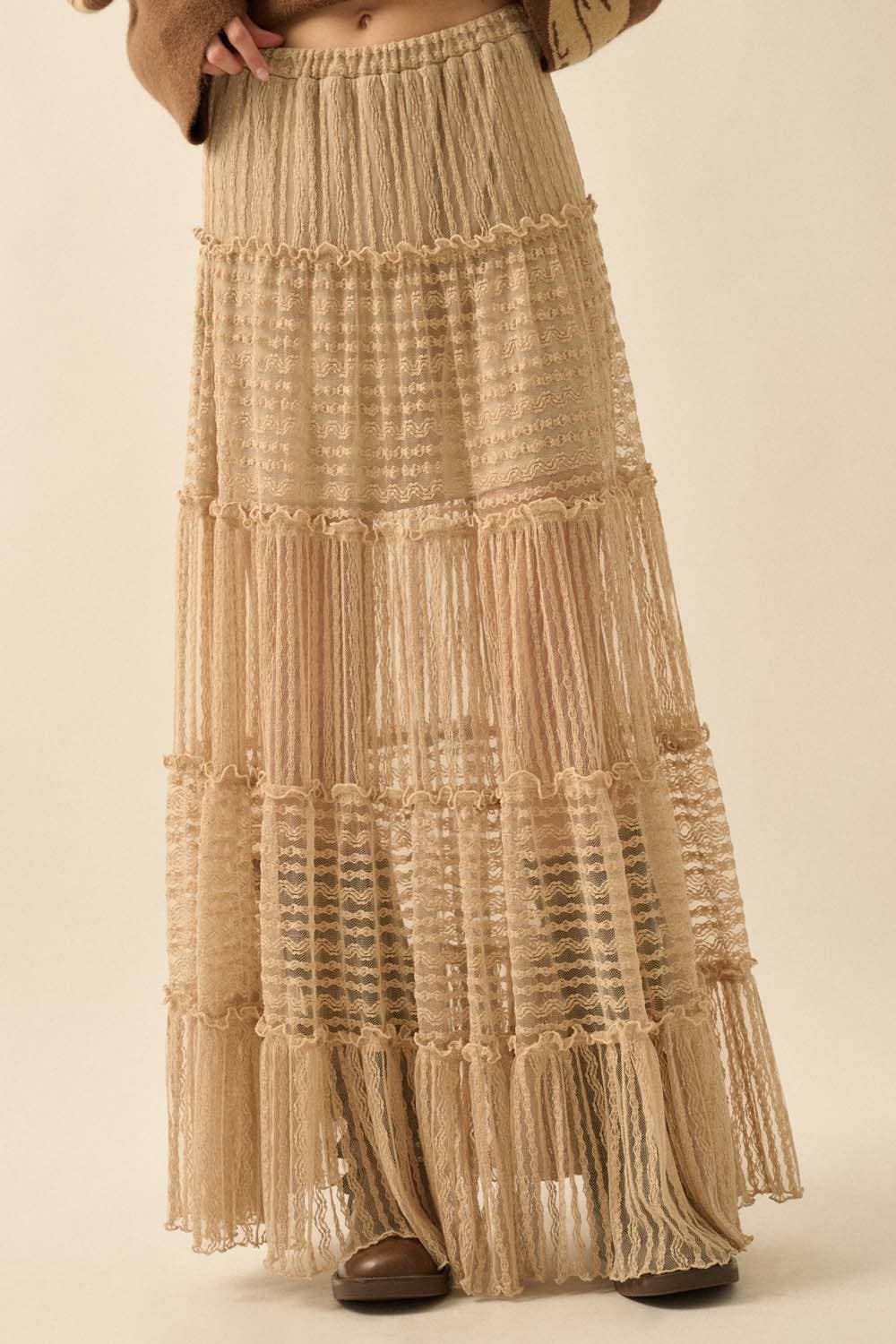 Striped Lace Tiered Ruffle Maxi Skirt