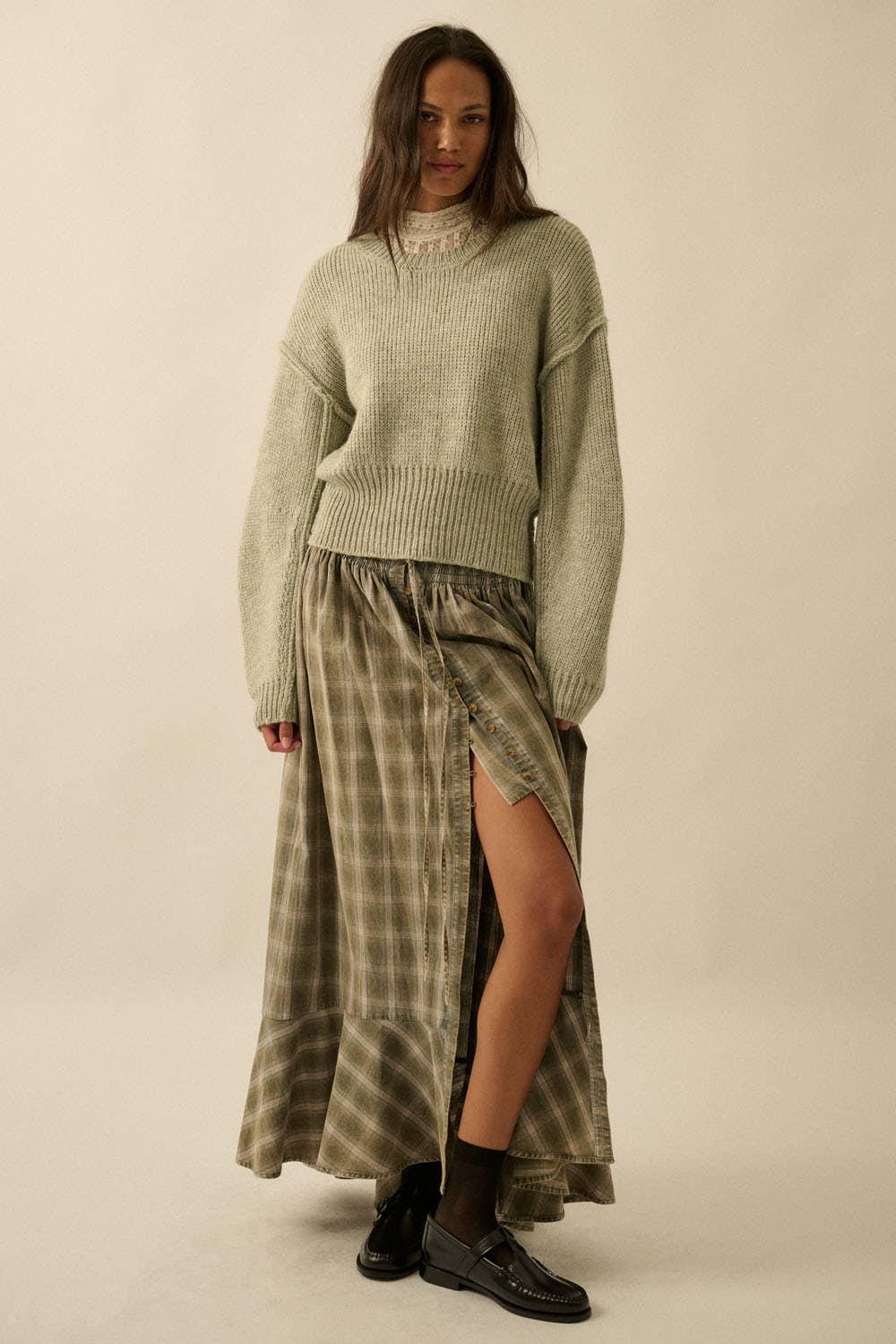 Plaid Flannel Button-Front Drawstring Maxi Skirt