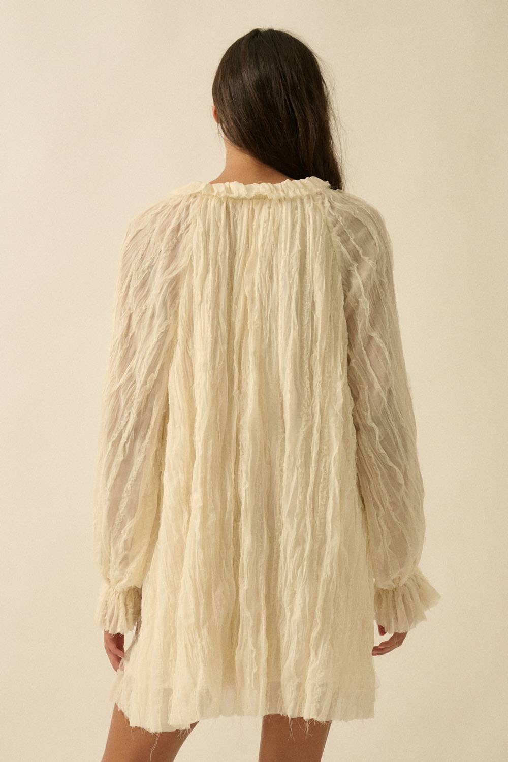 Ruffle-Trim Chiffon Peasant-Sleeve Mini Dress