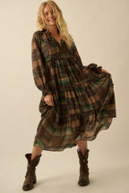 Patchwork-Print Tiered Ruffle Midi Prairie Dress