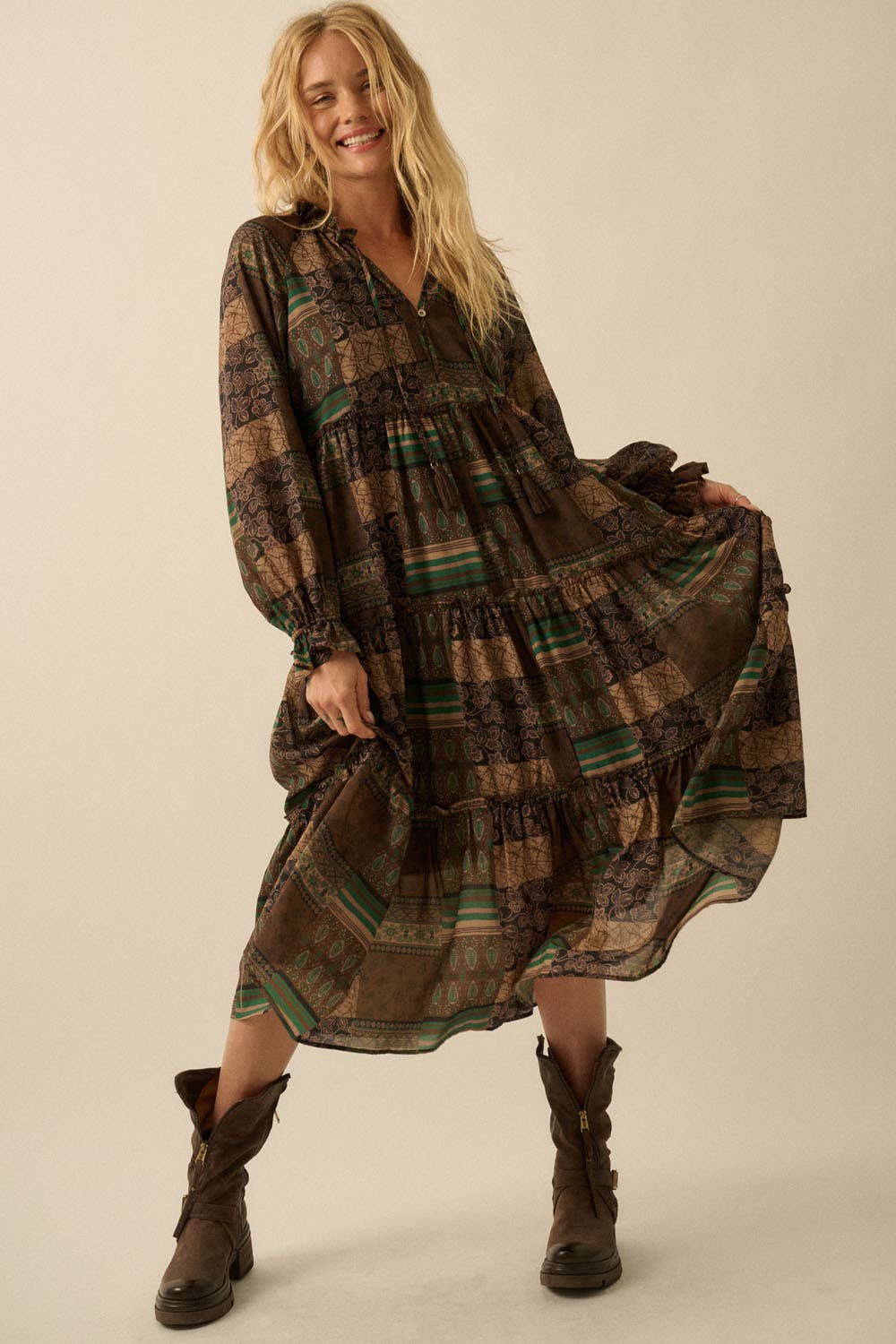 Patchwork-Print Tiered Ruffle Midi Prairie Dress