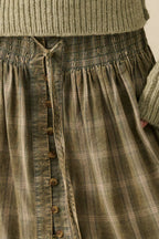 Plaid Flannel Button-Front Drawstring Maxi Skirt