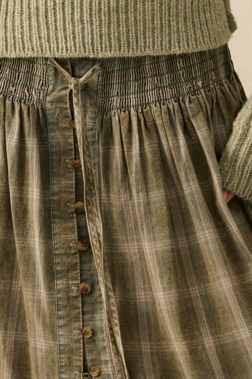 Plaid Flannel Button-Front Drawstring Maxi Skirt