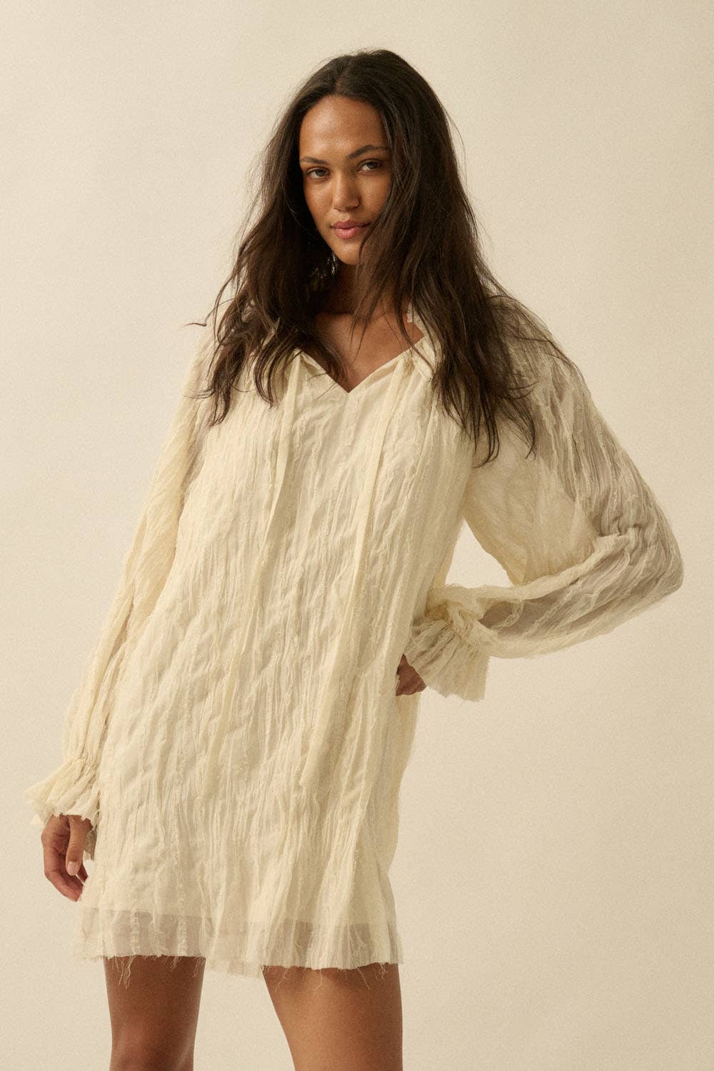 Ruffle-Trim Chiffon Peasant-Sleeve Mini Dress