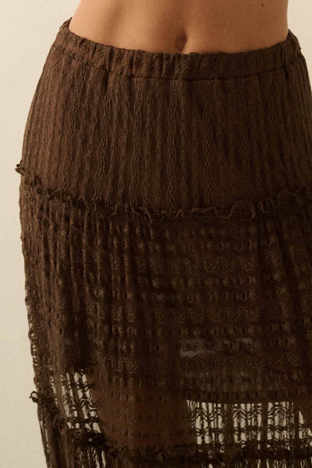 Striped Lace Tiered Ruffle Maxi Skirt