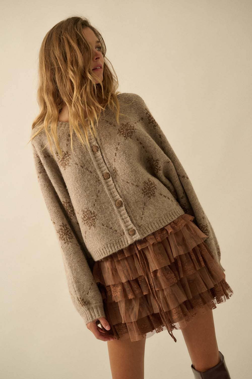 Snowflake Jacquard-Knit Button-Up Dolman Cardigan