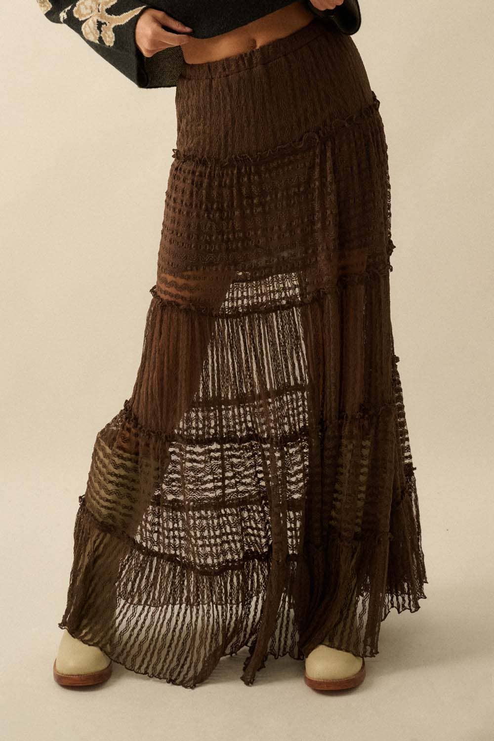 Striped Lace Tiered Ruffle Maxi Skirt