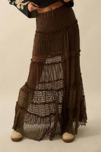 Striped Lace Tiered Ruffle Maxi Skirt