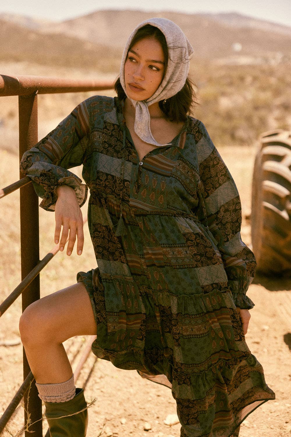 Patchwork-Print Tiered Ruffle Midi Prairie Dress
