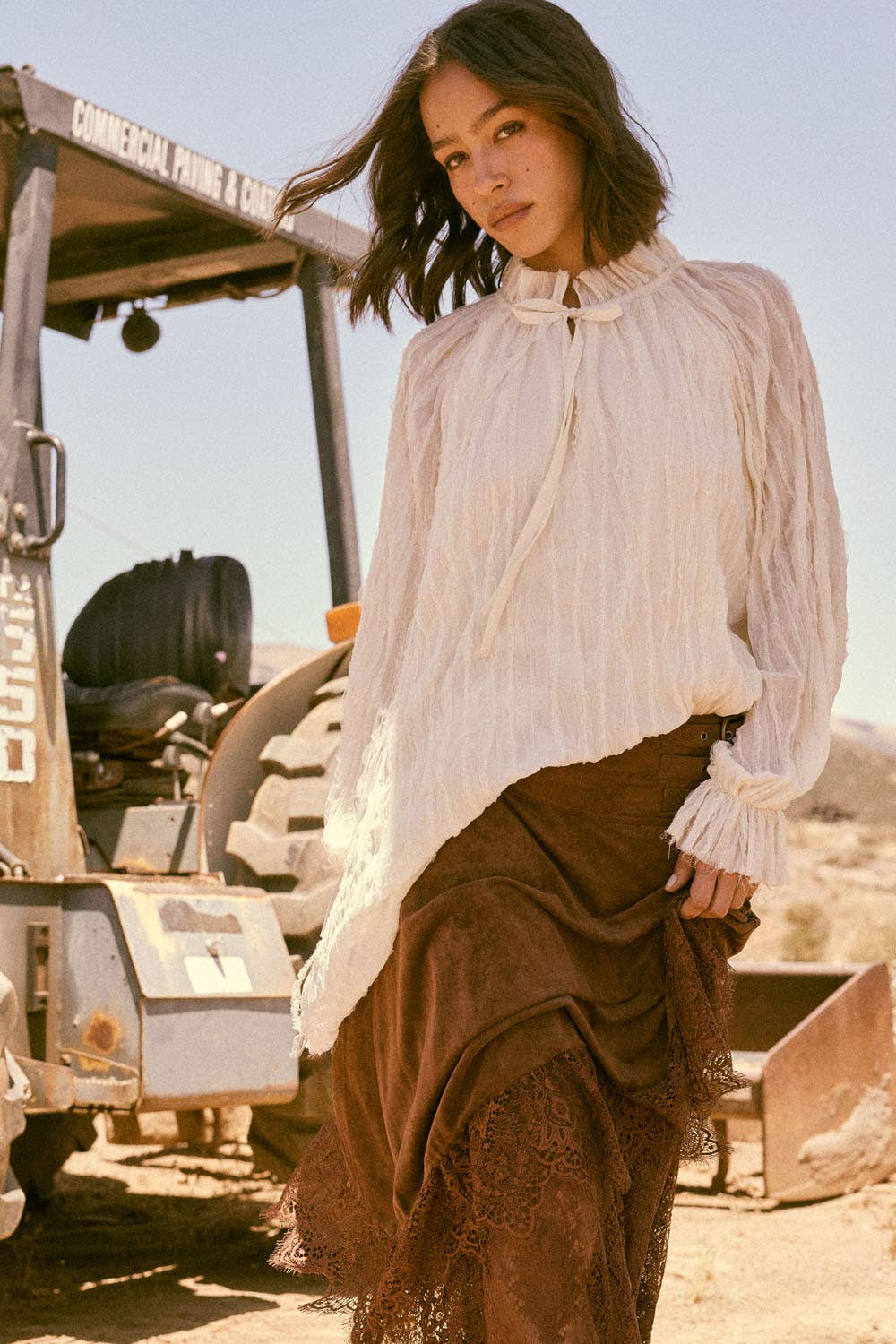 Ruffle-Trim Chiffon Peasant-Sleeve Mini Dress