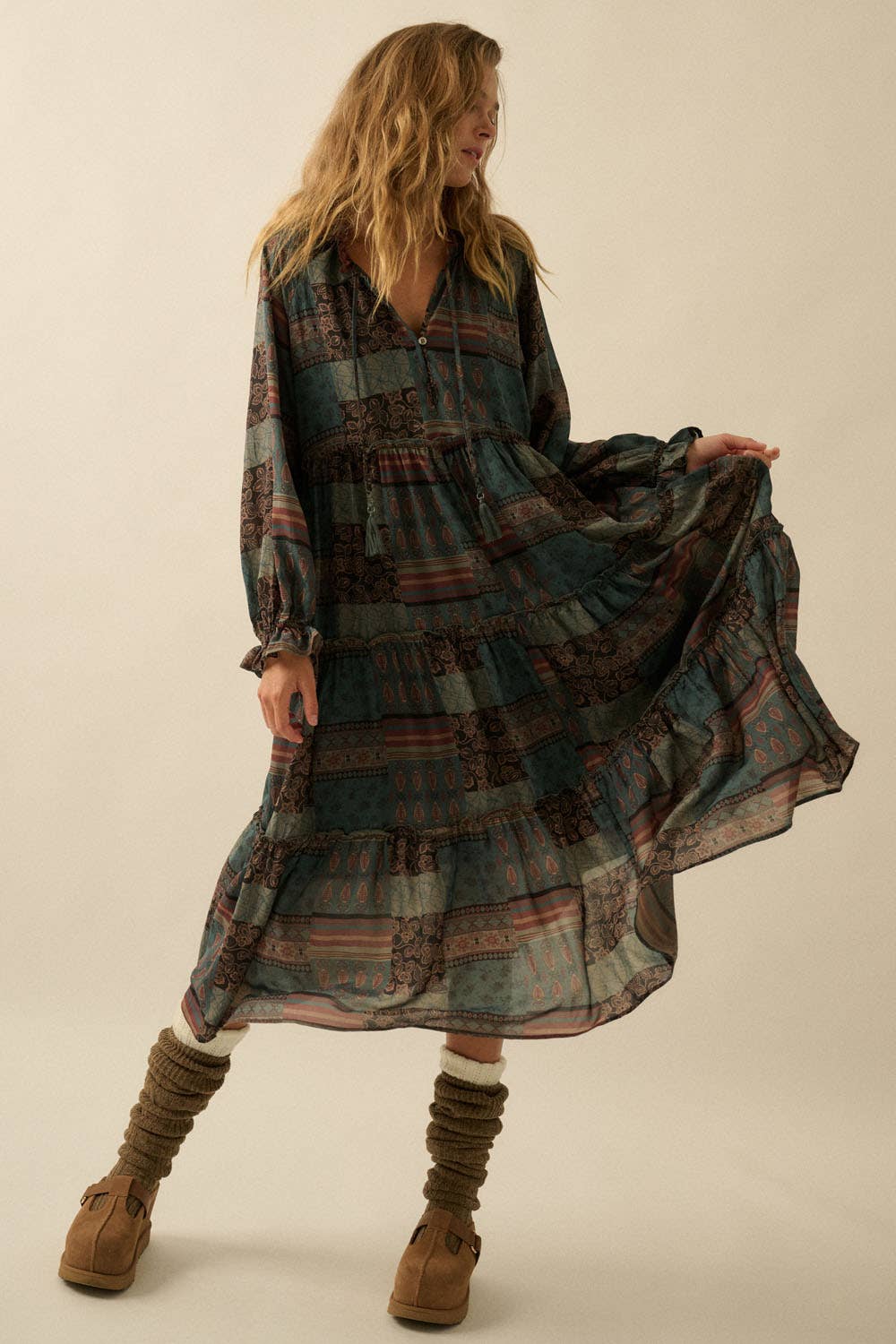 Patchwork-Print Tiered Ruffle Midi Prairie Dress