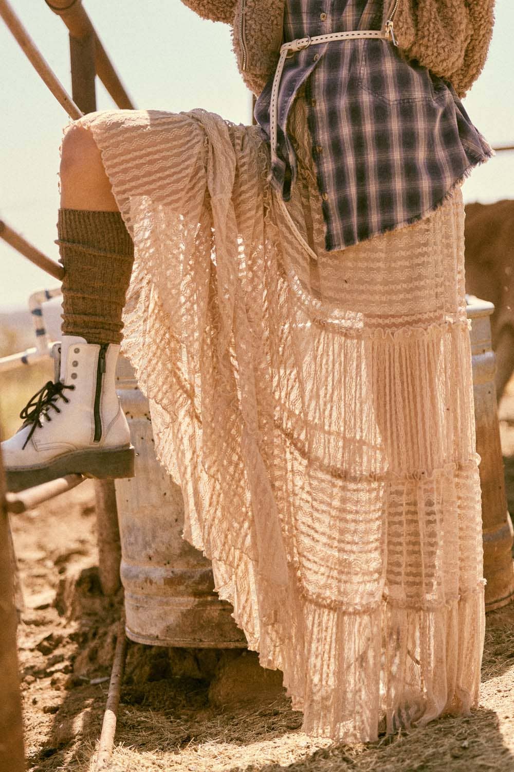 Striped Lace Tiered Ruffle Maxi Skirt