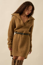 Rib-Knit Mini Sweater Dress with Oversize Collar