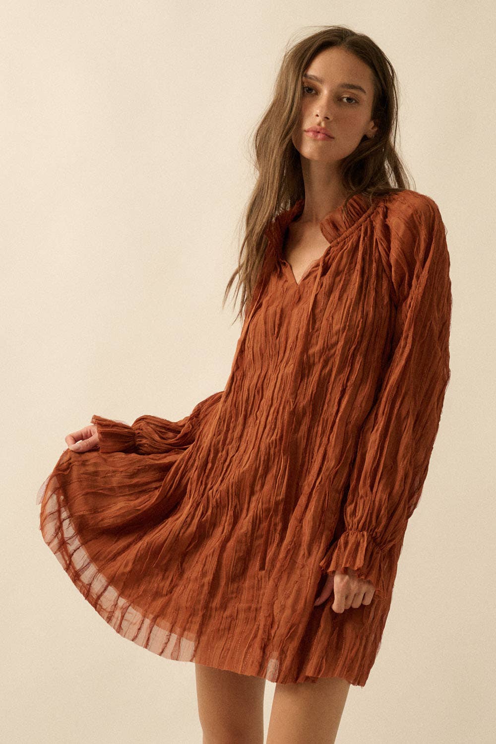 Ruffle-Trim Chiffon Peasant-Sleeve Mini Dress