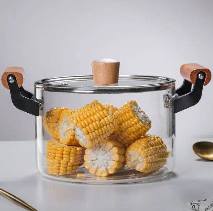 Heat-Resistant Glass Cooking Pot w/ Wooden Handles