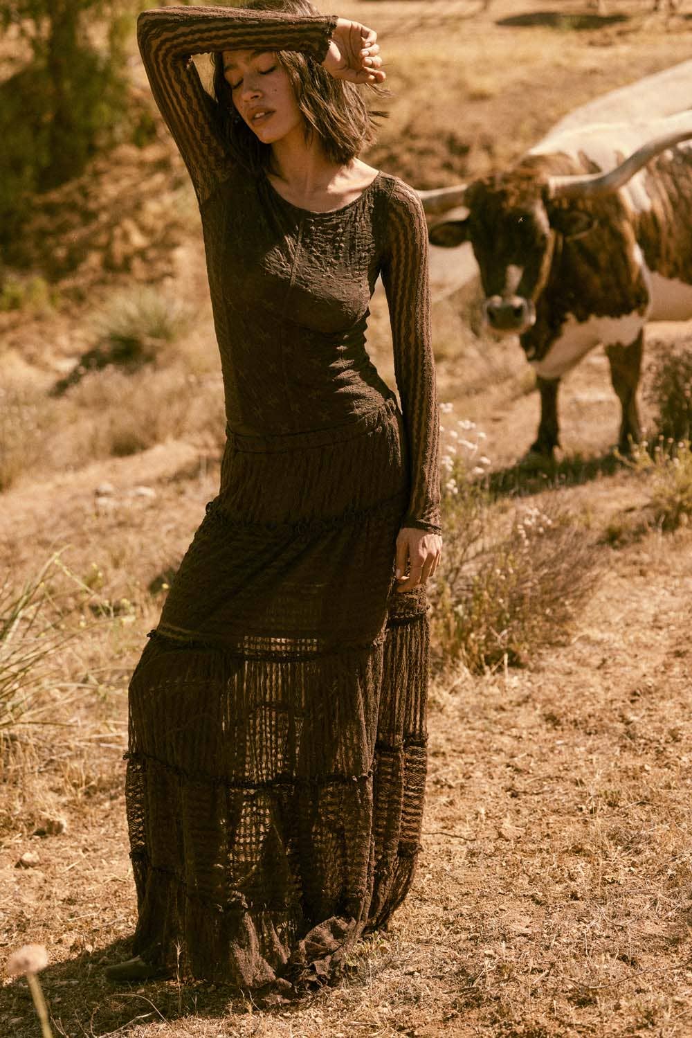 Striped Lace Tiered Ruffle Maxi Skirt