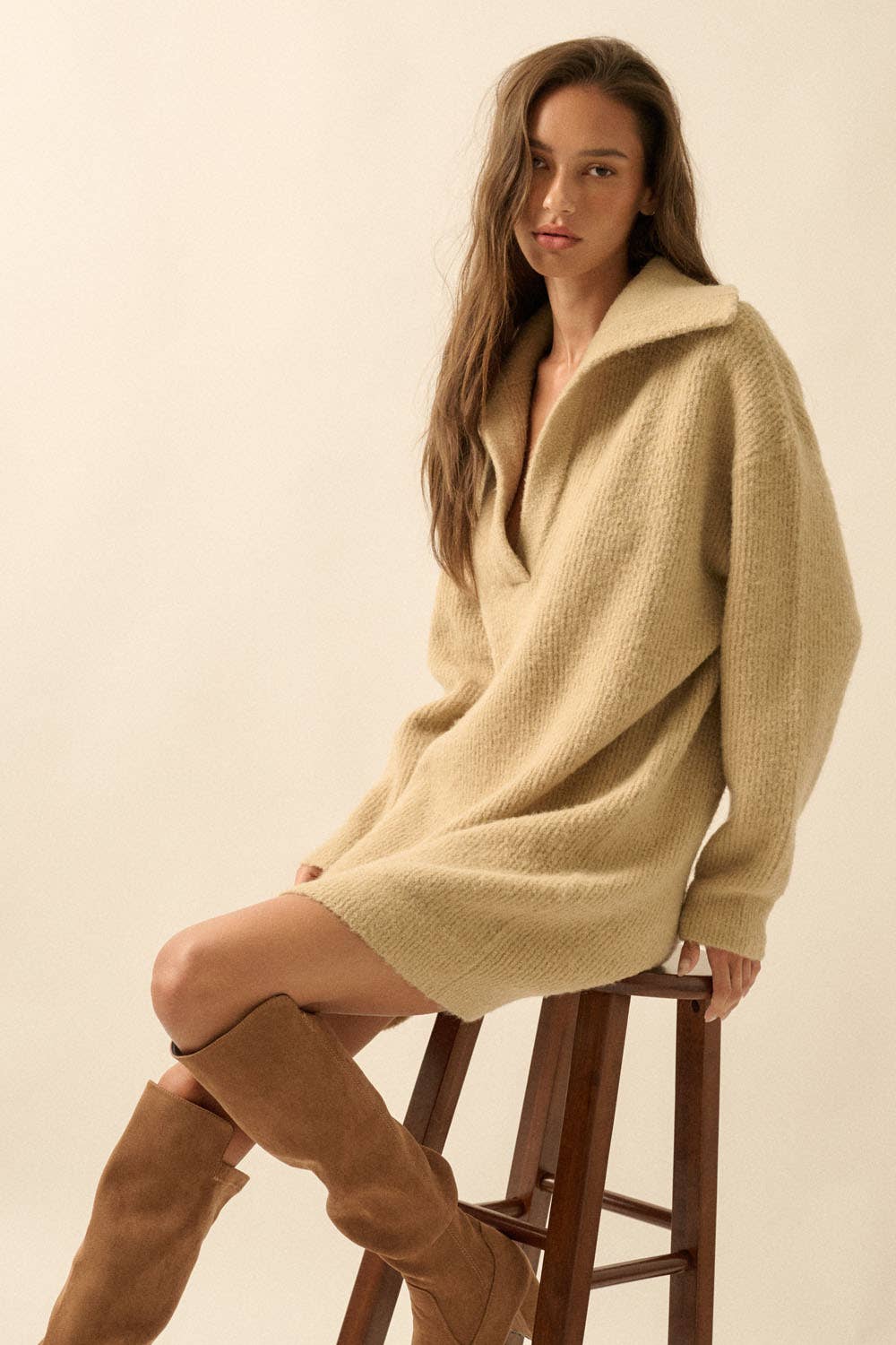 Rib-Knit Mini Sweater Dress with Oversize Collar