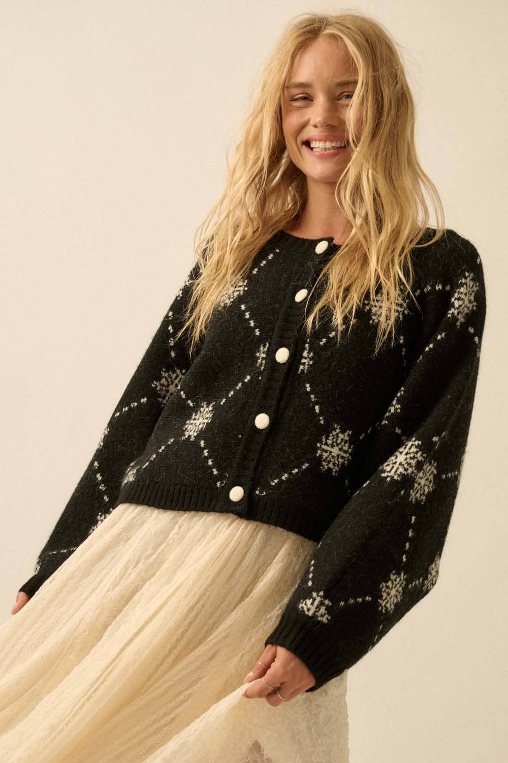Snowflake Jacquard-Knit Button-Up Dolman Cardigan