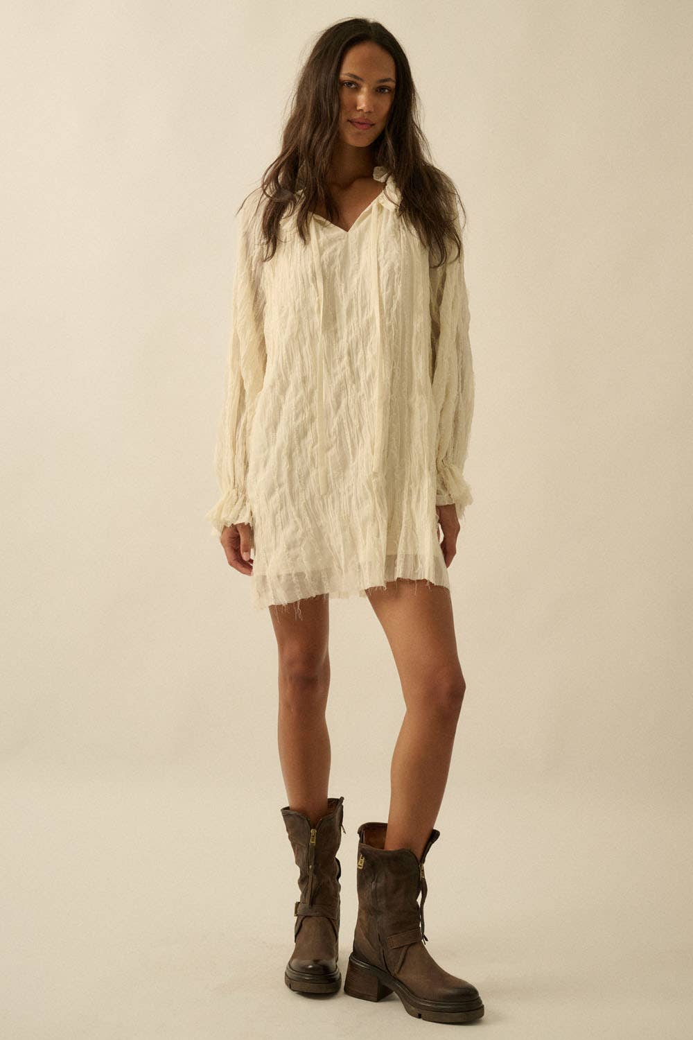 Ruffle-Trim Chiffon Peasant-Sleeve Mini Dress