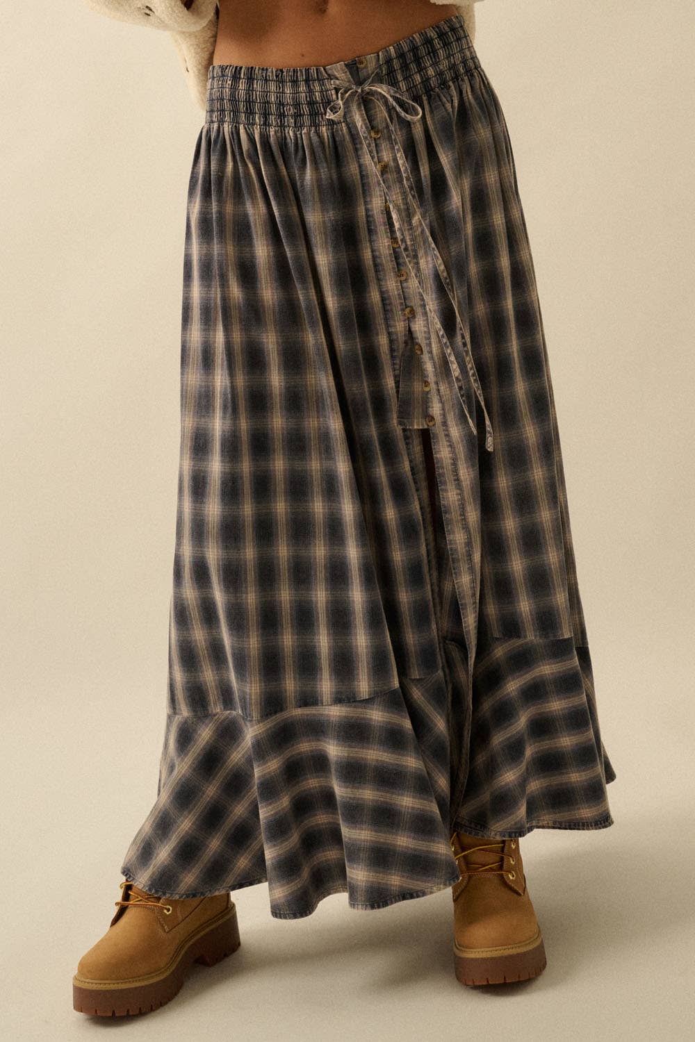 Plaid Flannel Button-Front Drawstring Maxi Skirt