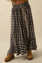Plaid Flannel Button-Front Drawstring Maxi Skirt