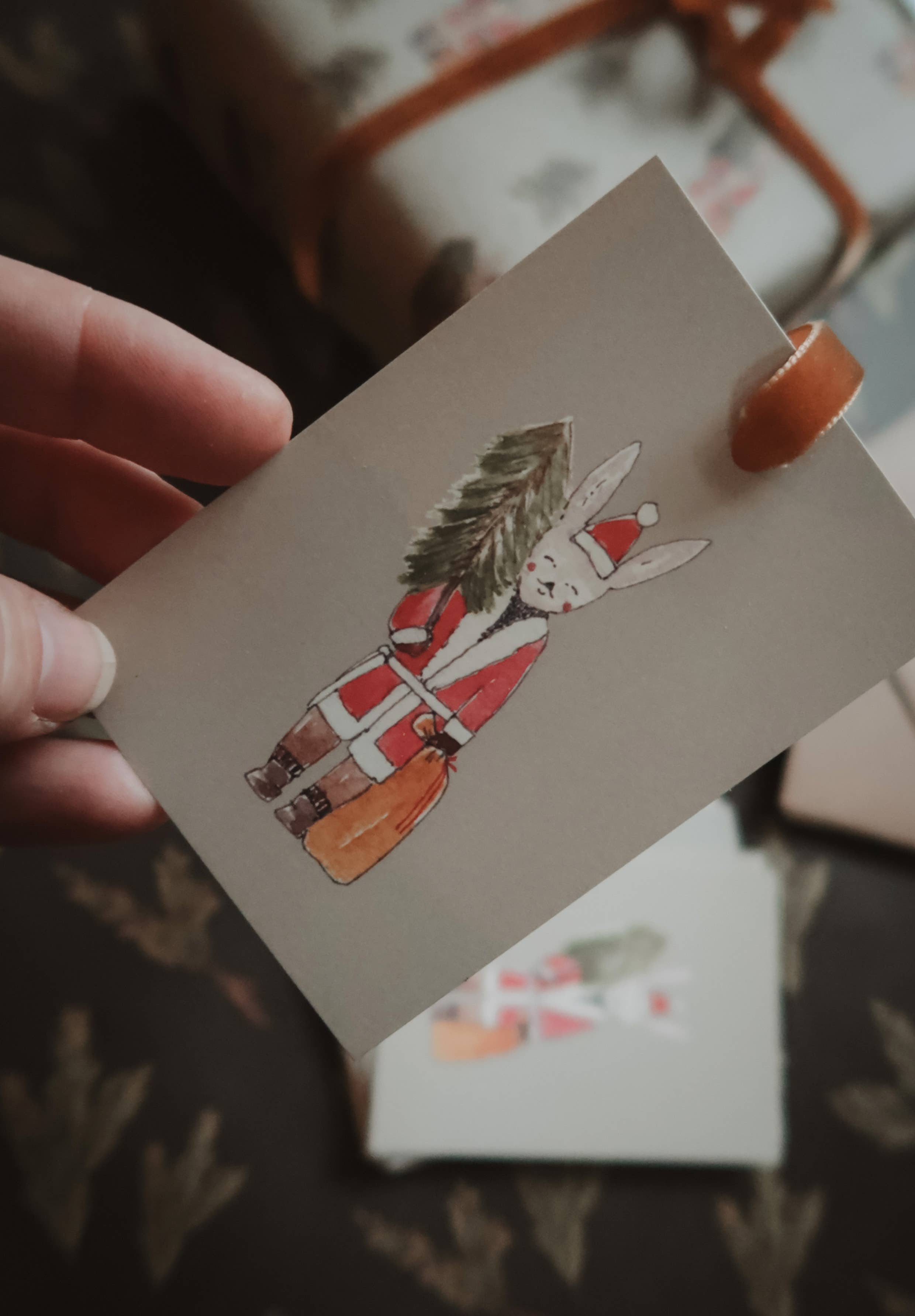 Winter bunny with a tree Small Flat Card