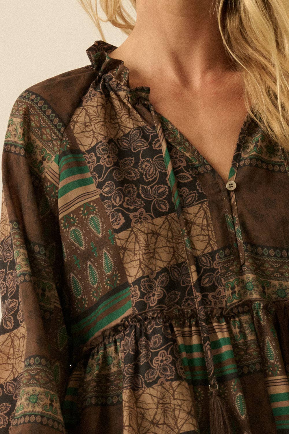 Patchwork-Print Tiered Ruffle Midi Prairie Dress