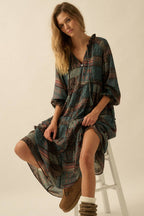 Patchwork-Print Tiered Ruffle Midi Prairie Dress