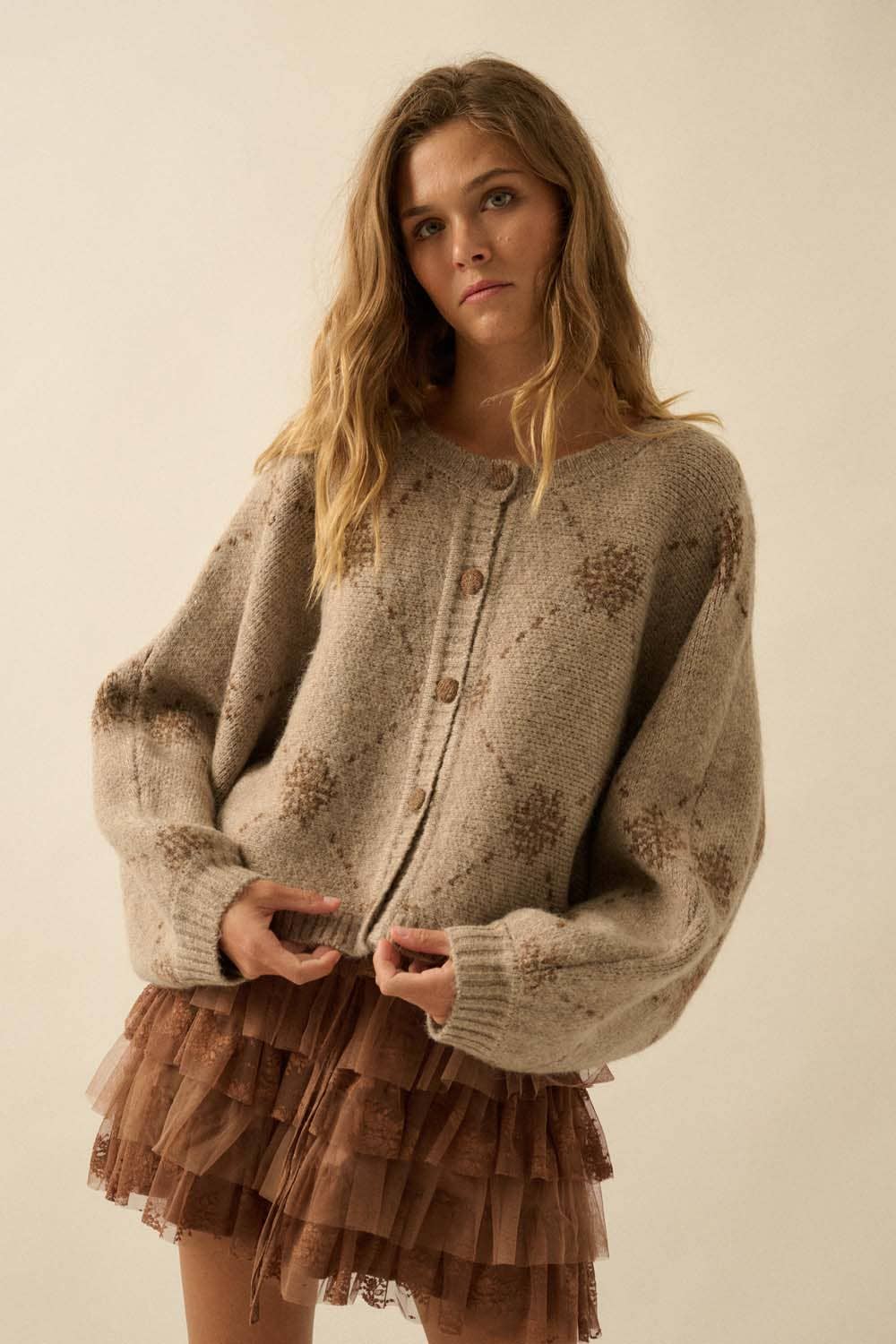 Snowflake Jacquard-Knit Button-Up Dolman Cardigan