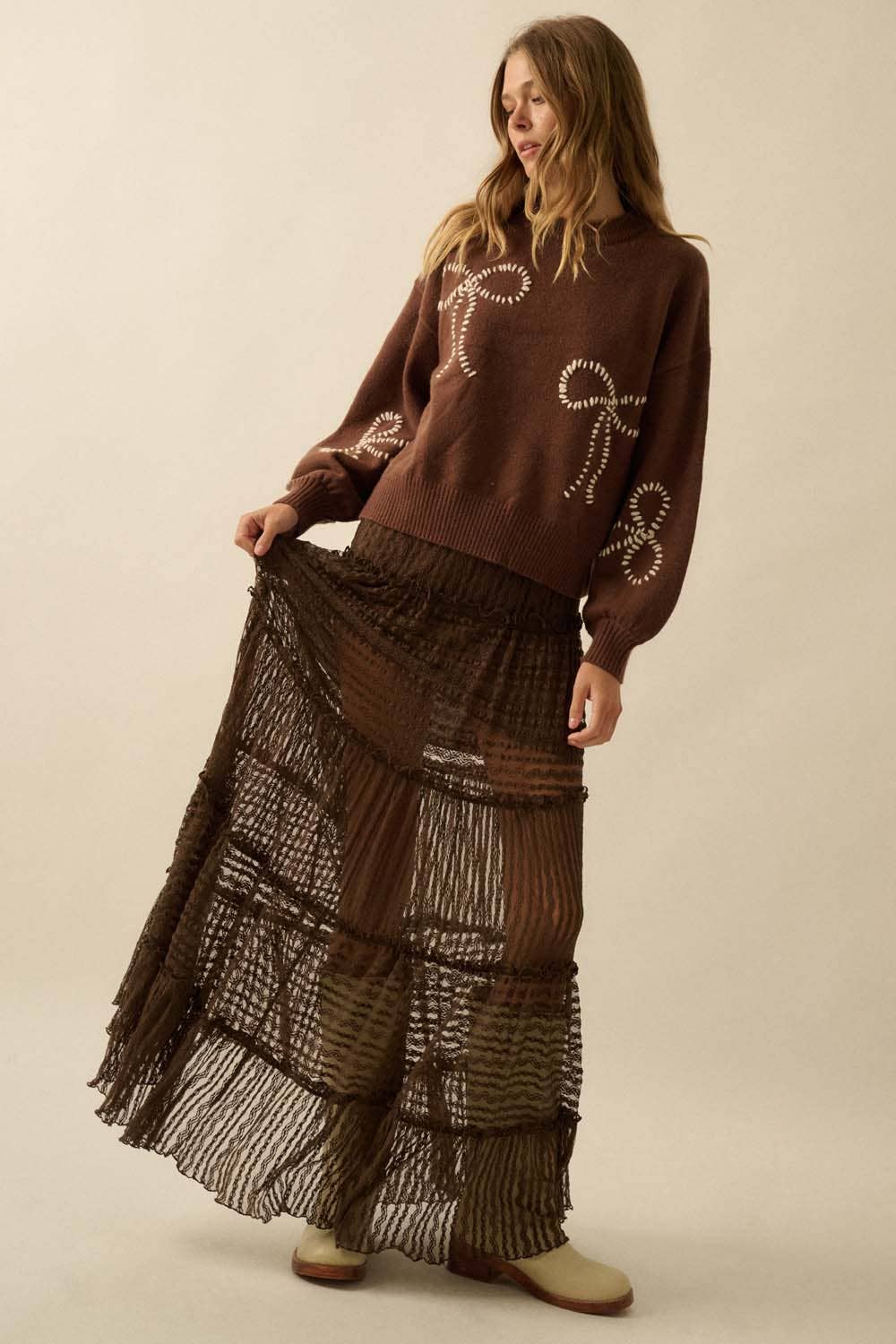Striped Lace Tiered Ruffle Maxi Skirt
