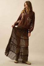 Striped Lace Tiered Ruffle Maxi Skirt