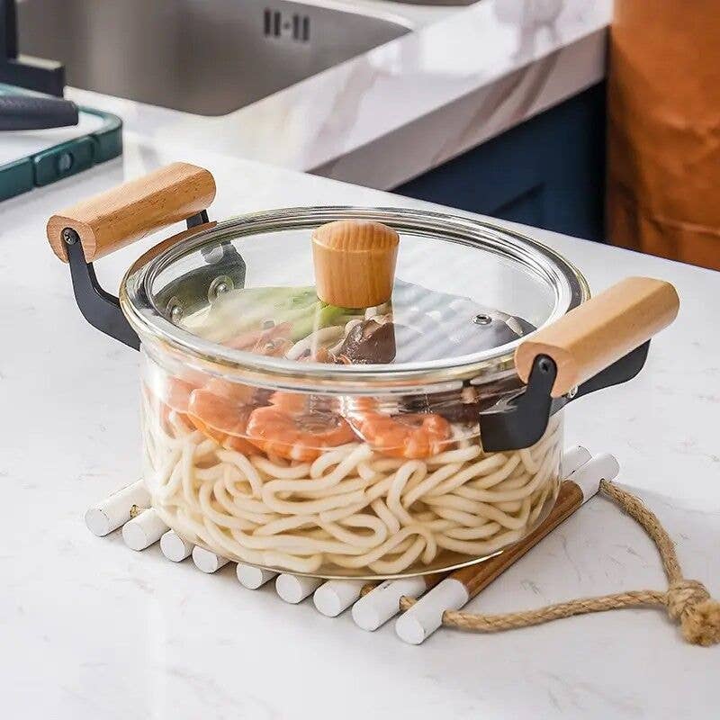 Heat-Resistant Glass Cooking Pot w/ Wooden Handles