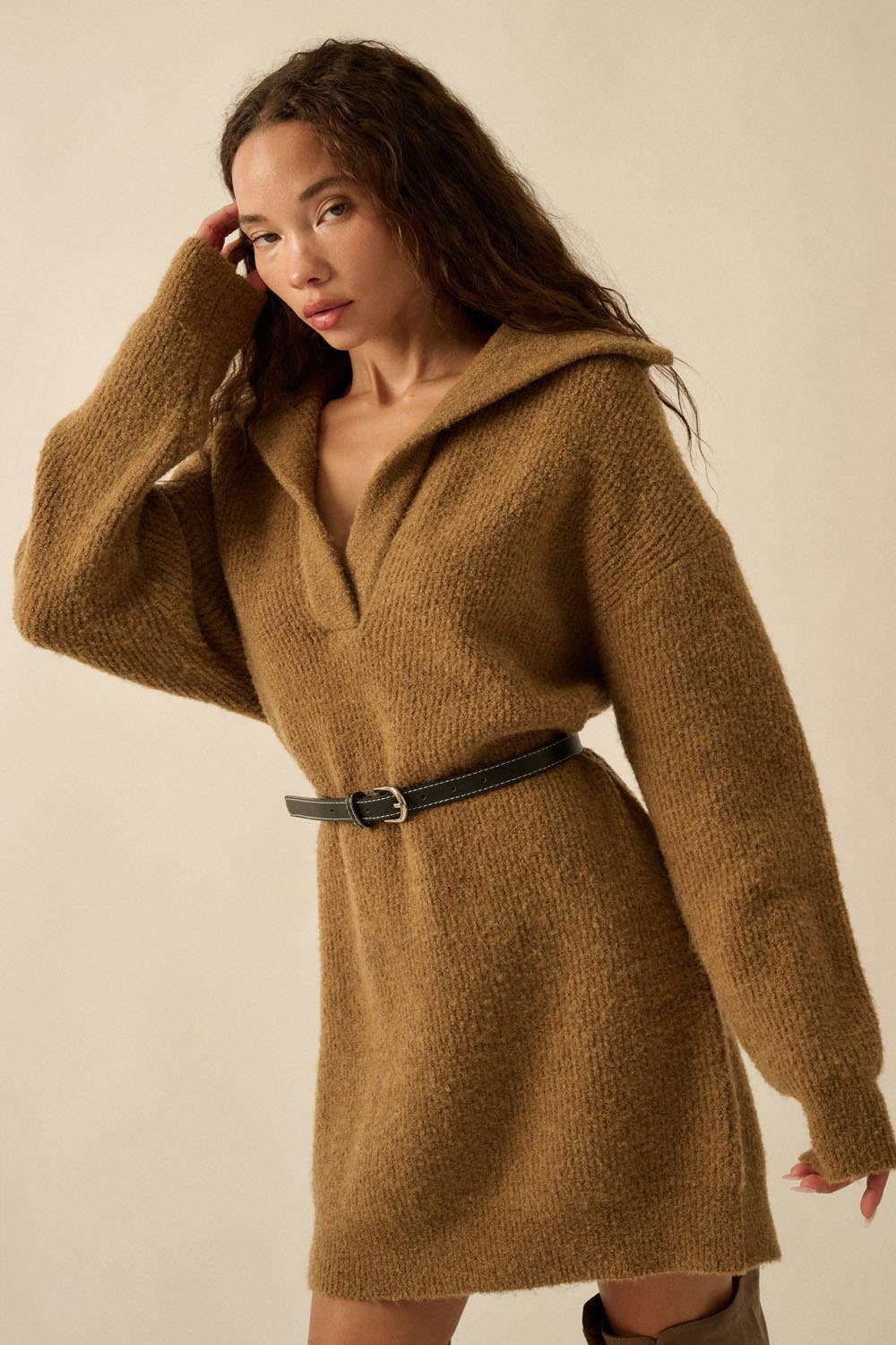 Rib-Knit Mini Sweater Dress with Oversize Collar