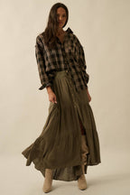 Striped Lace-Trim Tiered Button-Front Maxi Skirt